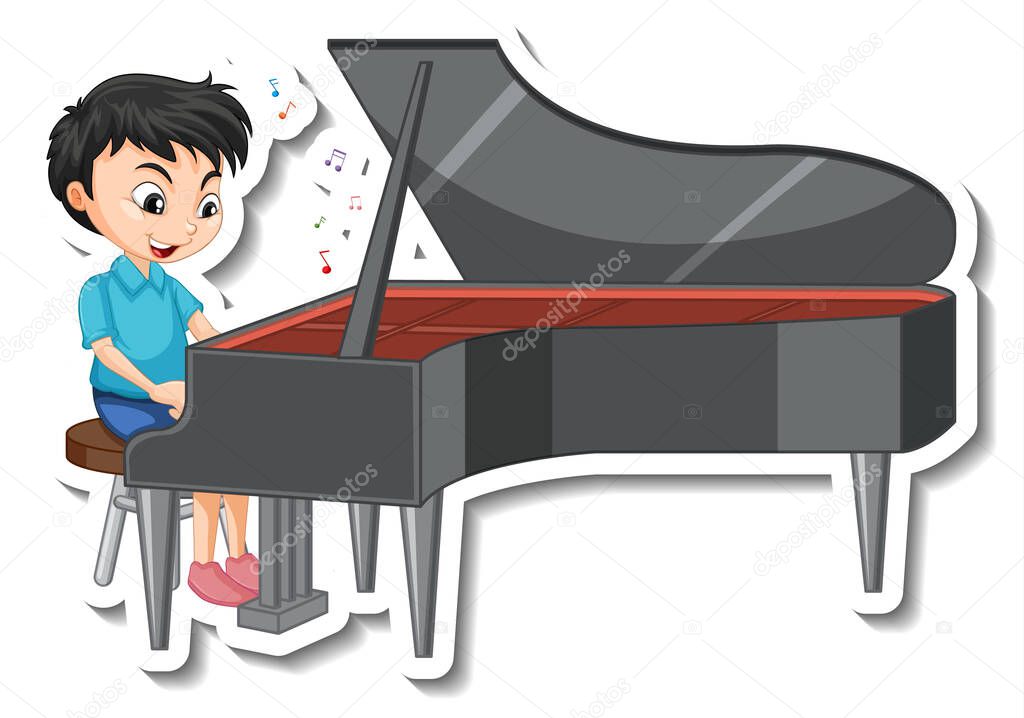 Sticker design with a boy playing piano illustration