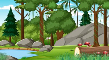 Orman gündüz sahnesinde çeşitli orman ağaçlarının resimleriyle