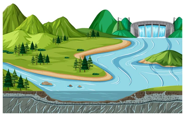 Paisaje Escena Naturaleza Con Presa Capas Suelo Ilustración — Vector de stock