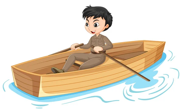 Personagem Desenho Animado Menino Remando Barco Ilustração Isolada — Vetor de Stock