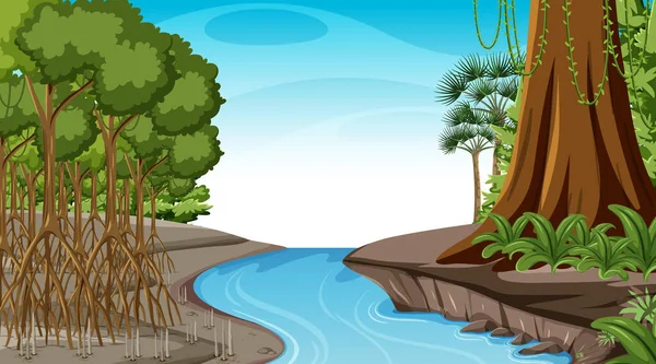 Natura Scena Mangrove Lasu Dzień Stylu Kreskówki Ilustracja — Wektor stockowy
