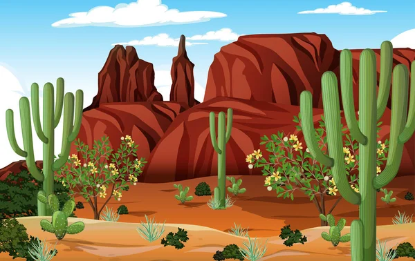 Deserto Paesaggio Forestale Scena Diurna Con Molti Cactus Illustrazione — Vettoriale Stock
