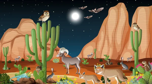Paisaje Del Bosque Del Desierto Escena Nocturna Con Animales Salvajes — Archivo Imágenes Vectoriales