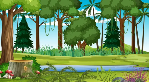 Лес Пейзаж Сцены Дневное Время Различными Деревьями Иллюстрации — стоковый вектор