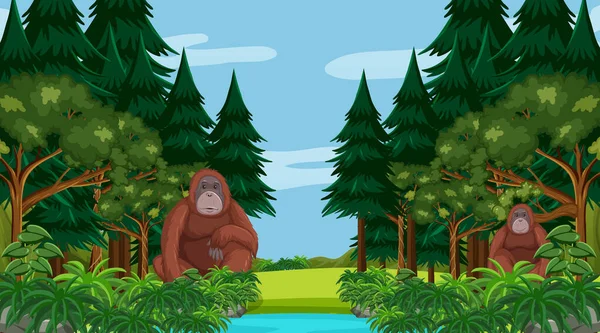 Orangután Escena Del Bosque Selva Tropical Con Muchos Árboles Ilustración — Archivo Imágenes Vectoriales