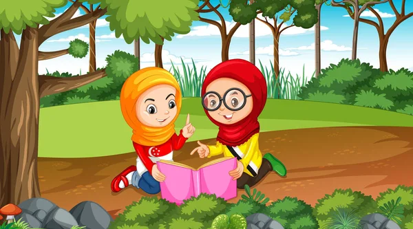 Brunei Crianças Vestem Roupas Tradicionais Lendo Livro Cena Floresta Ilustração —  Vetores de Stock