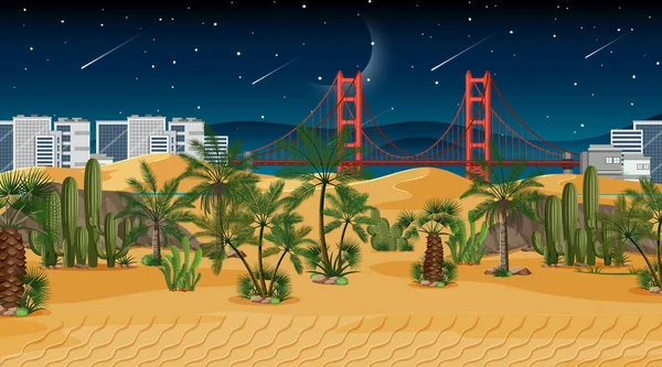 Deserto Paisagem Florestal Cena Noite Com Paisagem Urbana Fundo Ilustração —  Vetores de Stock