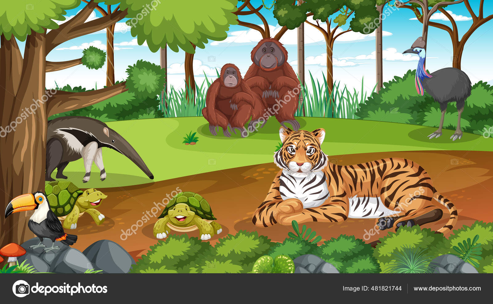 Wild Animals Forest Scene Many Trees Illustration Stock Vector by