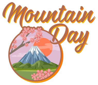 Beyaz arkaplanda izole edilmiş Fuji Dağı ile Dağ Günü yazı tipi