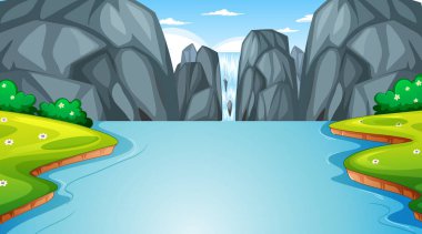 Şelale illüstrasyonlu doğa ormanı manzarası