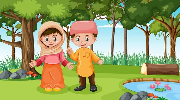 Anak Anak Muslim Mengenakan Pakaian Tradisional Adegan Hutan Ilustrasi - Stok Vektor