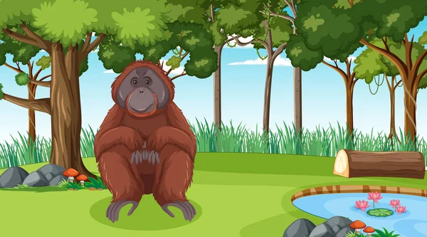 Orangután Escena Del Bosque Selva Tropical Con Muchos Árboles Ilustración — Archivo Imágenes Vectoriales