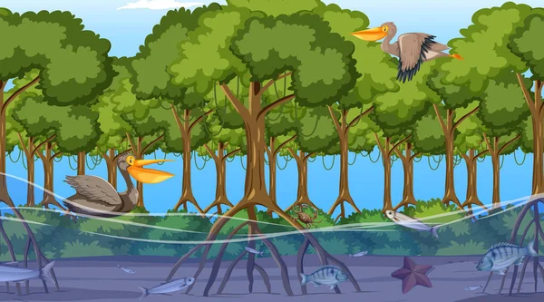 Dieren Leven Mangrove Bos Overdag Scène Illustratie — Stockvector