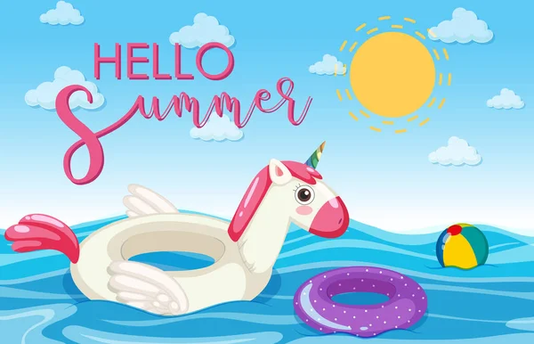 こんにちは夏フォント ユニコーンスイミングリングが海のバナーイラストに浮かぶ — ストックベクタ