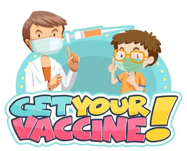 男の子とあなたのワクチンフォントバナーを取得する医師の漫画のキャラクターイラストを満たしています — ストックベクタ