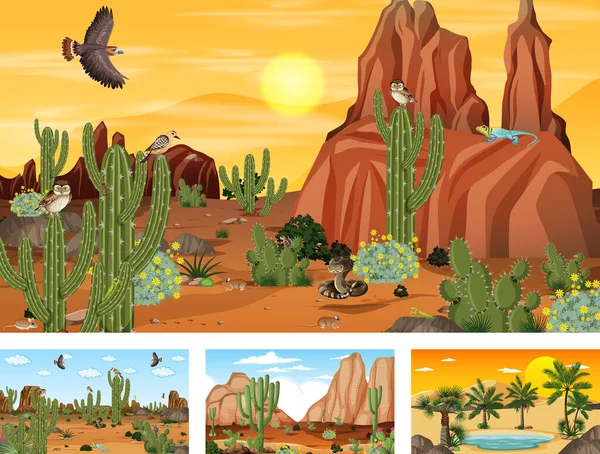 Four Different Desert Forest Landscape Scenes Animals Plants Illustration — Stock Vector
