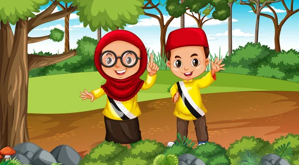 Anak Anak Brunei Mengenakan Pakaian Tradisional Dalam Lukisan Pemandangan Hutan - Stok Vektor