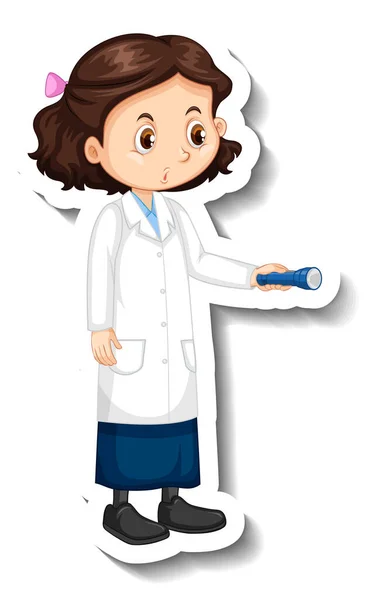科学実験オブジェクトのイラストを持つ科学者の女の子漫画のキャラクター — ストックベクタ
