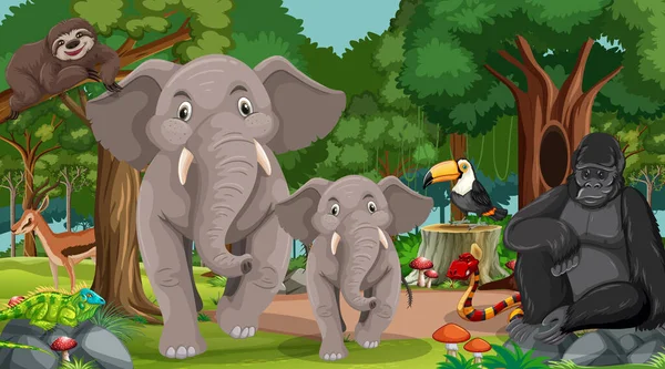 Famille Des Éléphants Avec Autres Animaux Sauvages Dans Illustration Scène — Image vectorielle