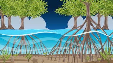 Gece Mangrove Ormanı 'nın doğa sahnesi karikatür stili illüstrasyonunda