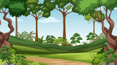 Orman sahnesinde çeşitli orman ağaçları gösterimi