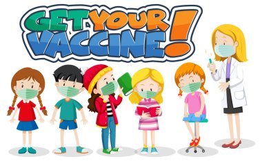 Aşı yazı tipinizi alın ve covid-19 aşı çizimi için sırada bekleyen bir sürü çocukla birlikte