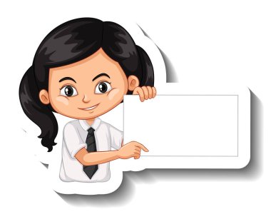 Öğrenci kız elinde boş bir karikatür çıkartması tutuyor.