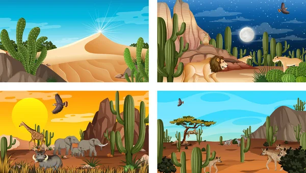 Різні Сцени Пустельним Лісовим Пейзажем Ілюстрацією Тварин Рослин — стоковий вектор