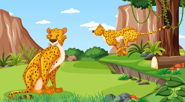 Cheetah Floresta Floresta Tropical Durante Dia Ilustração Cena — Vetor de Stock