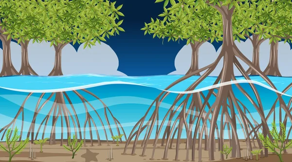 Nature Scene Mangrove Forest Night Cartoon Style Illustration — Stock Vector