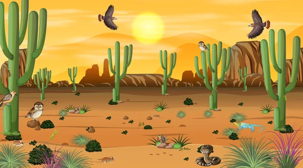 Deserto Paesaggio Forestale Tramonto Scena Con Animali Del Deserto Piante — Vettoriale Stock
