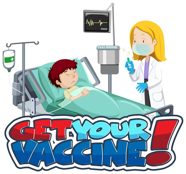 Get Your Vaccine Czcionek Banner Patient Doctor Cartoon Character Illustration — Wektor stockowy