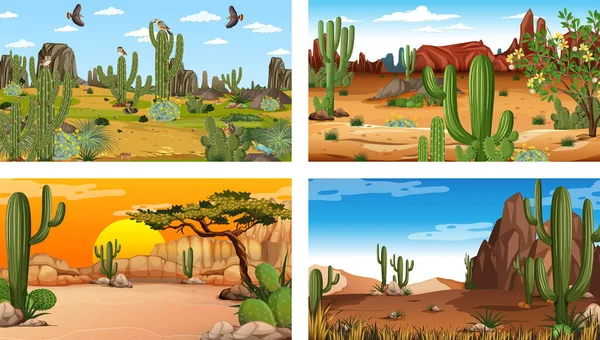 Different Desert Forest Landscape Scenes Animals Plants Illustration — Stock Vector