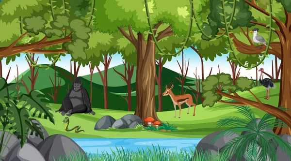 Wald Tag Szene Mit Verschiedenen Wilden Tieren Illustration — Stockvektor