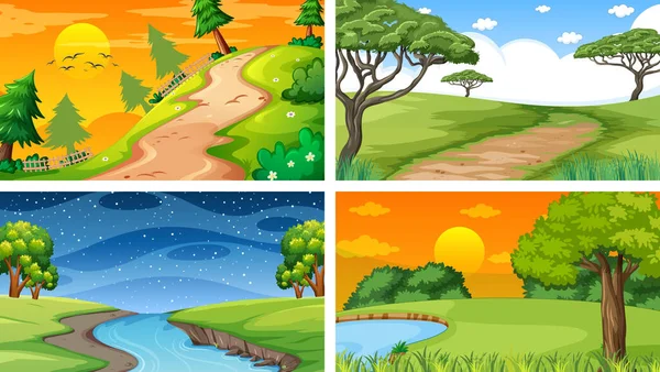 自然公園と森林図の4つの異なるシーン — ストックベクタ