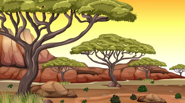 Bosque Africano Sabana Paisaje Escena Atardecer Tiempo Ilustración — Vector de stock