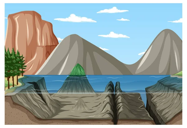 Φύση Τοπίο Σκηνή Υποβρύχια Λίμνη Και Ορεινό Φόντο Εικονογράφηση — Διανυσματικό Αρχείο