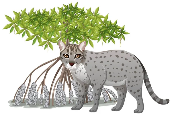 Fishing Cat Met Mangrove Boom Cartoon Stijl Witte Achtergrond Illustratie — Stockvector