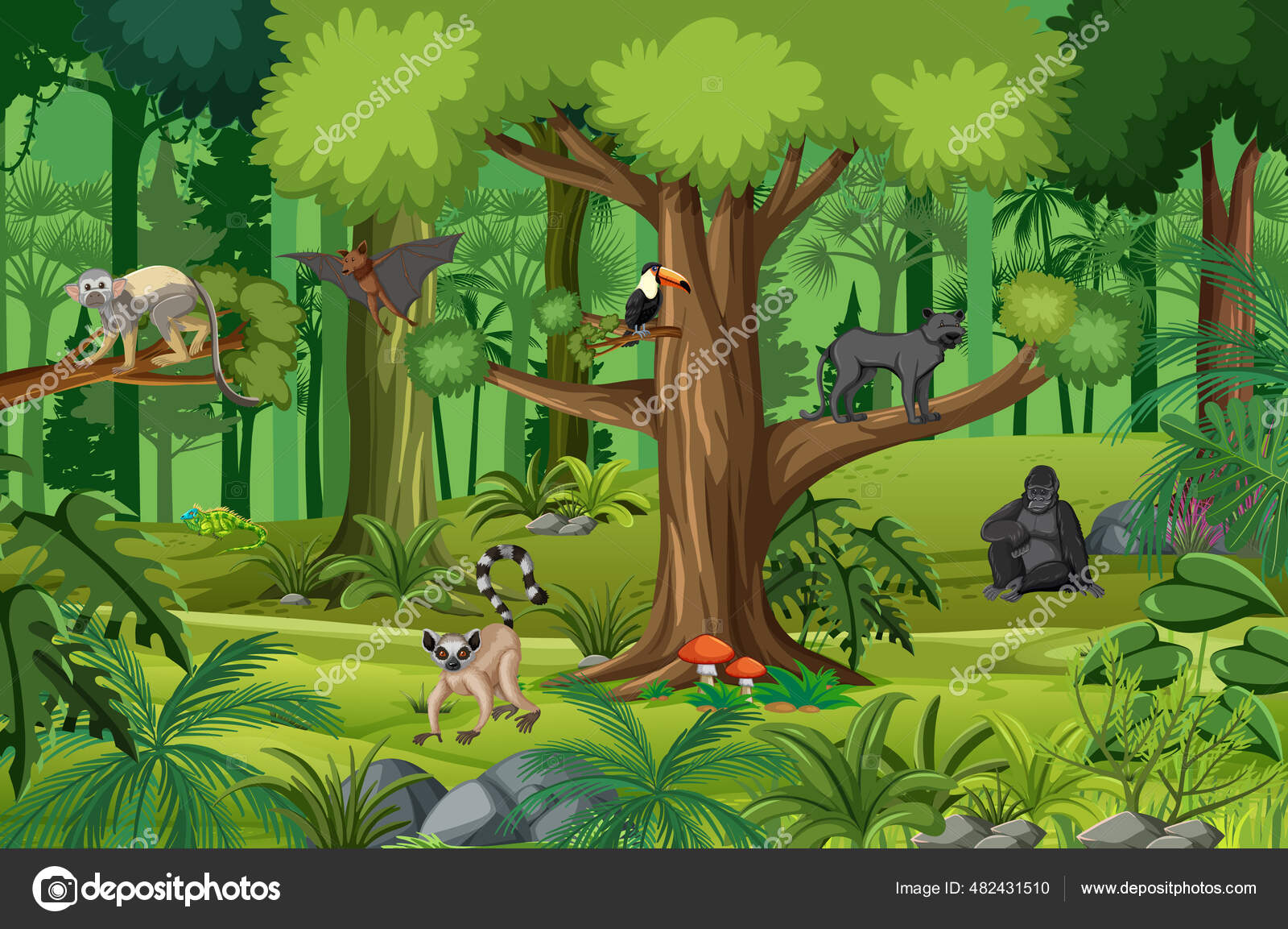 Escena Selva Tropical Con Varios Animales Salvajes Ilustración Vector de  stock #482431510 de ©blueringmedia, image size:1600x1153