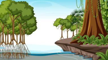 Mangrove Ormanı 'nın gündüz karikatür tarzı illüstrasyonunda doğa sahnesi.