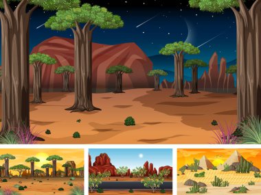 Çizgi film stili illüstrasyonunda farklı doğa yatay sahneleri