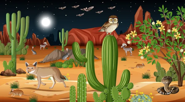 Desert Δάσος Τοπίο Νύχτα Σκηνή Άγρια Ζώα Εικονογράφηση — Διανυσματικό Αρχείο