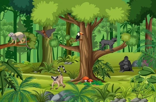 Escena Selva Tropical Con Varios Animales Salvajes Ilustración — Archivo Imágenes Vectoriales