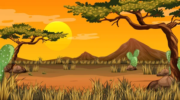 Deserto Paisagem Florestal Pôr Sol Cena Ilustração —  Vetores de Stock