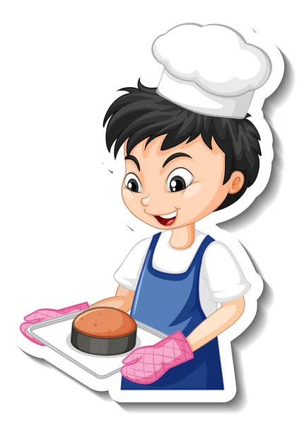 Наклейка Дизайн Пекарь Мальчик Держит Печеный Лоток Иллюстрации — стоковый вектор