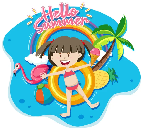 Hallo Sommer Banner Mit Einem Mädchen Das Auf Schwimmring Liegt — Stockvektor