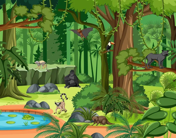 Τροπικό Τροπικό Δάσος Σκηνή Διάφορα Άγρια Ζώα Εικονογράφηση — Διανυσματικό Αρχείο