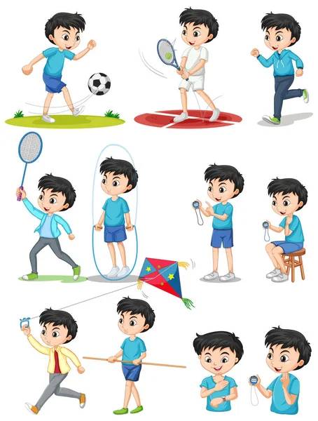 Set Von Jungen Die Verschiedene Arten Von Sport Illustration — Stockvektor