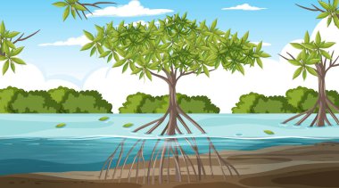 Mangrove orman manzarası gündüz illüstrasyonu