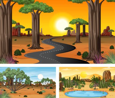Çizgi film stili illüstrasyonunda farklı doğa yatay sahneleri